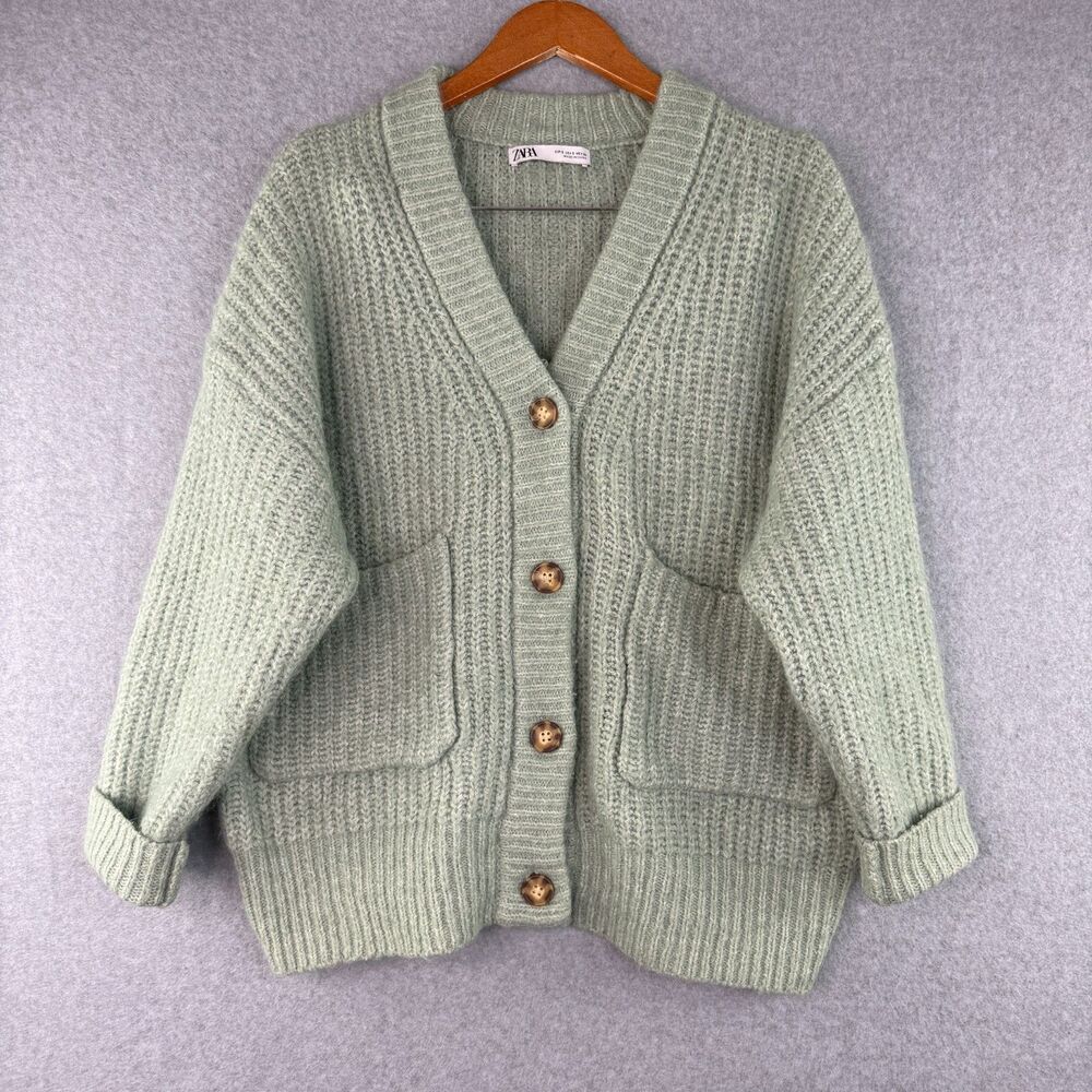 Zara Sage Green Chunky Ribbed Wool Blend Cardigan Cabin Cottage Core Preppy Sz S